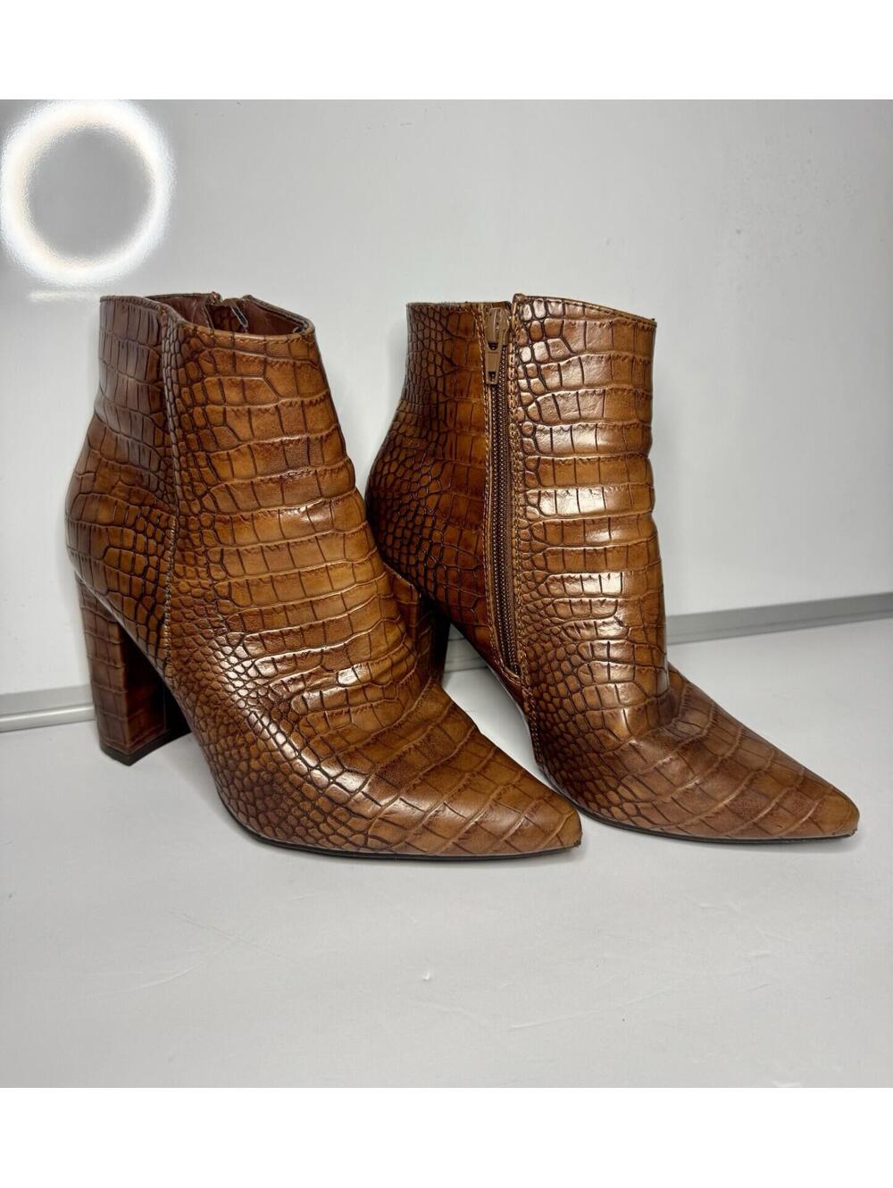 Bamboo Croc Embossed Brown Ankle Boots 6.5 Block Heel Pointed Toe Womens 36.5